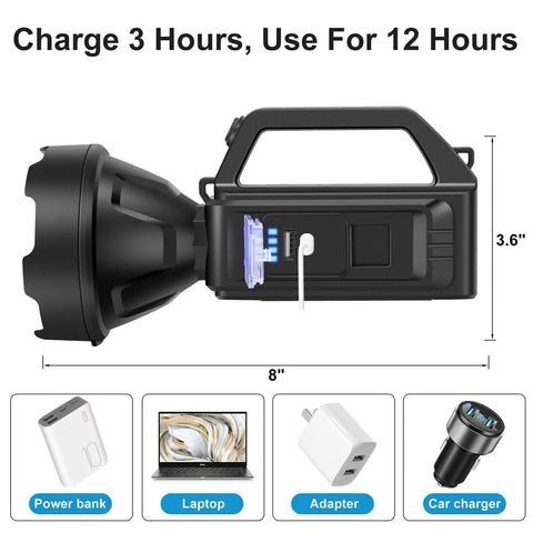Side view of Beast Mode Brightness Rechargeable Spotlight Flashlight with USB output, showing size and compatible devices.