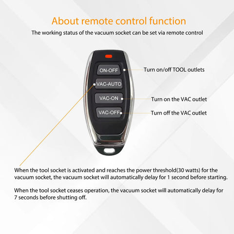Front view of a black remote control with four buttons labeled ON-OFF, VAC-AUTO, VAC-ON, VAC-OFF for automatic vacuum switch operation.