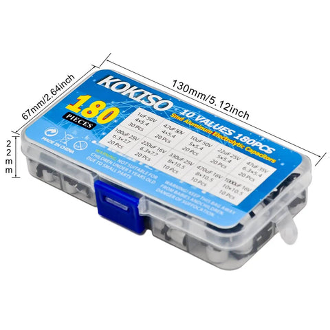 180 Piece SMD Aluminum Electrolytic Capacitors Assortment Kit With 10 Values From 1uF To 1000uF, clear plastic case dimensions shown