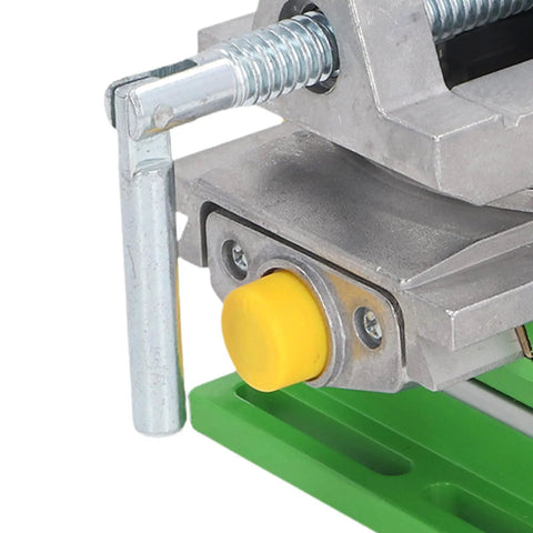 Close-up of the Slide Drill Press Vise With 77mm Clamping, XY Compound Vise for Milling and Drilling, showing handle and yellow knob