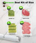 Compact Food Vacuum Sealer With 80KPa Suction, handheld device with vacuum seal bags containing food slices on marble surface.