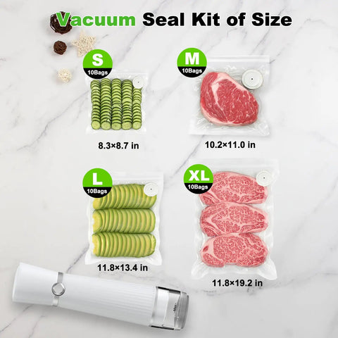 Compact Food Vacuum Sealer With 80KPa Suction, handheld device with vacuum seal bags containing food slices on marble surface.