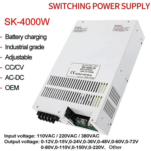 Heavy Duty Adjustable Switching Power Supply Delivering 4000 Watts With Cc Cv Control For Industrial Equipment And Battery Charging, shown from the side.