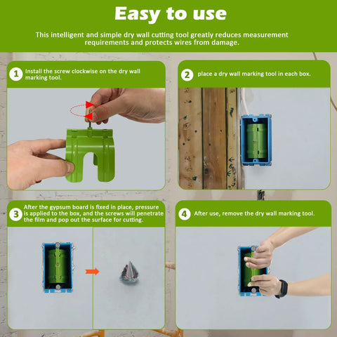 Professional Electrical Box Positioning Tool Set With 5 Metal Frame Markers For Plasterboard Installation, demonstrating easy use steps.