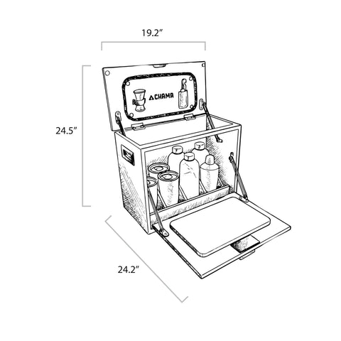 Illustration of Sundowner Portable Travel Bar Kit with hand-tooled wooden case and tools, canvas build, fully open.