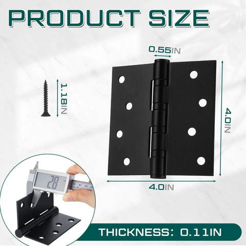 18 Pack Built Tough Exterior Door Hinges, 4 X 4 Inch Ball Bearing Leaves for Heavy Wood Doors, showing size details and screw.