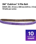 Cubitron II File Belts 36 Plus Grit 3/8 In x 13 In Resin Bonded Pack of 10 shown individually.
