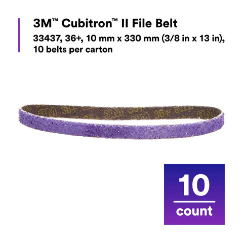Cubitron II File Belts 36 Plus Grit 3/8 In x 13 In Resin Bonded Pack of 10 shown individually.
