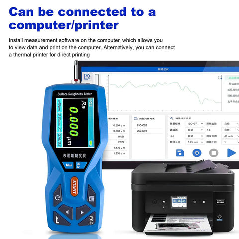 Portable Surface Roughness Tester and Profilometer with 0.001 µm Resolution, Ra Rz Rq Rt, connected to computer for data printing