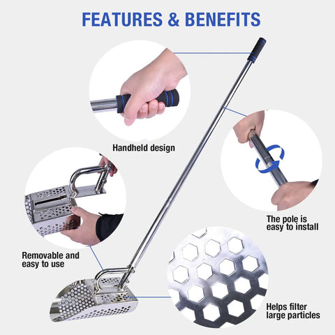 Features of Sand Scoop For Metal Detecting Stainless Steel Beach Treasure Dig Tool With Adjustable Long Handle Pole.