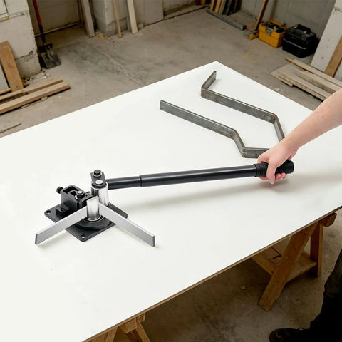 Manual Flat Bar Bender Pro Grade with 7 Bearings for precise 90 degree right angles in workshop setting