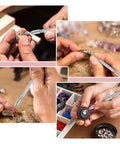 4 Piece Double Ended Pin Vise Hand Drill Set For Jewelry Making in use, showing detailed jewelry work and wire twisting applications.