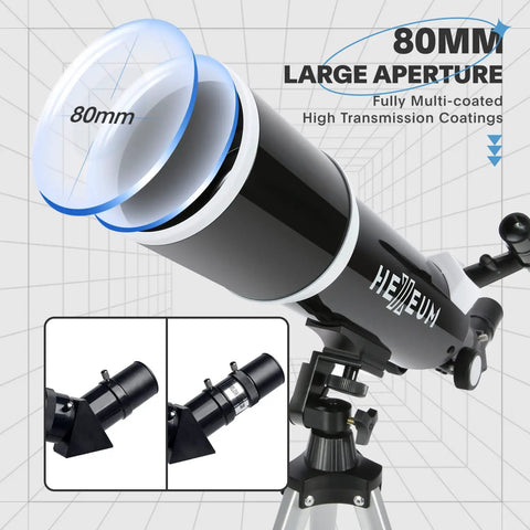 Beginner Friendly 80mm Refractor Telescope Kit With 600mm Focal Length showing large aperture and multi-coated optics