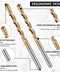 50 Piece Drywall Bit Set With One Eighth Inch Spiral Saw Tip Cutting Bits In M2 High Speed Steel For Precise Drywall Routing And Cutting, Spiral Saw Compatible, Gold Finish with labeled design features.