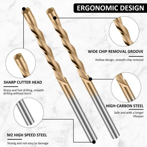 50 Piece Drywall Bit Set With One Eighth Inch Spiral Saw Tip Cutting Bits In M2 High Speed Steel For Precise Drywall Routing And Cutting, Spiral Saw Compatible, Gold Finish with labeled design features.