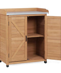 All In One Outdoor Potting Bench With Storage Cabinet And Metal Work Surface For Garden And Patio, open cedar cabinet view