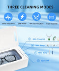 Slick Ultrasonic Jewelry Cleaner Machine With Four Hundred Fifty Milliliter Tank And Three Timer Modes showing cleaning modes and settings.