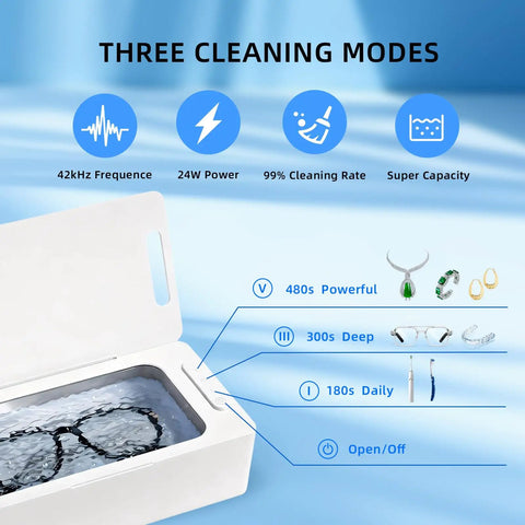 Slick Ultrasonic Jewelry Cleaner Machine With Four Hundred Fifty Milliliter Tank And Three Timer Modes showing cleaning modes and settings.