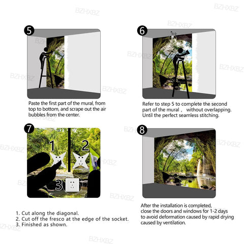 Installation guide for Epic Forest Landscape Wall Mural With Waterfall And Jungle Scene For Living Room And Bedroom.