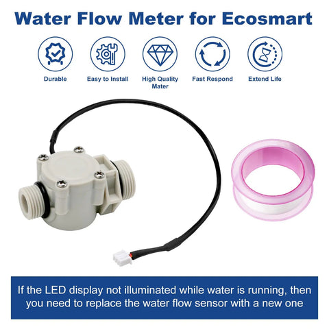 Tankless Water Heater Flow Sensor Replacement For Ecosmart ECO 18 ECO 24 ECO 27 And ECO 36 Keeps Hot Water Flowing No Fuss Install Durable Sensor For Reliable On Demand Heat. Water flow meter with cable, threaded ports, and pink gasket