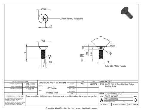 Technical drawing of True Titanium M4 0.7 Pitch 12mm Flat Head Phillips Machine Screw Pack Of 5 Grade 2 CP Saltwater Ready Corrosion Resistant
