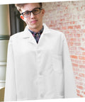 Men's White Lab Coat, Long Sleeve Professional Medical Coat for Doctors, Pharmacists, Students and Adults, worn outdoors