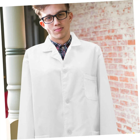 Men's White Lab Coat, Long Sleeve Professional Medical Coat for Doctors, Pharmacists, Students and Adults, worn outdoors