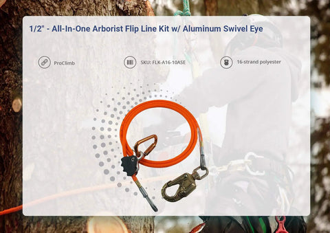 High Visibility Flip Line Kit For Tree Climbing Five Eighth Inch By Twelve Foot Neon Orange Ready To Roll With Aluminum Swivel Usa Made Arborist Gear Heavy Duty Rope And Lineman Belt For Safe Tree Work shown close-up