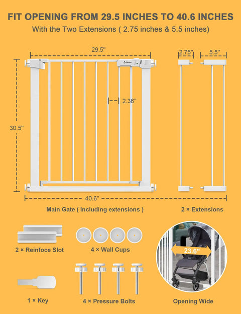 Diagram showing dimensions and components of Extra Wide Auto Close Baby Gate With Easy Walk Through For Stairs And Doorways Pressure Mounted
