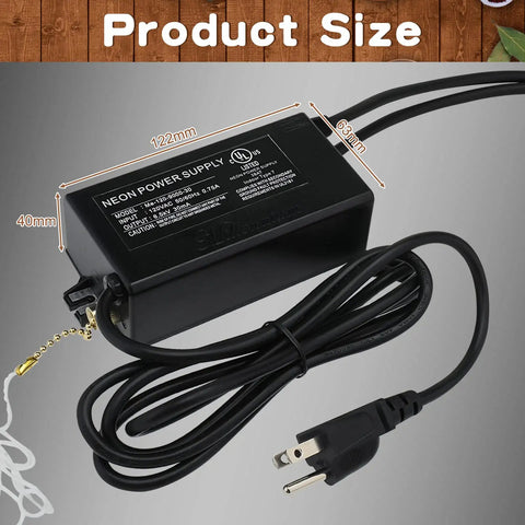 High Voltage Neon Sign Power Supply 6.5KV 30mA Transformer 120VAC UL Listed with cable and plug, product size shown.