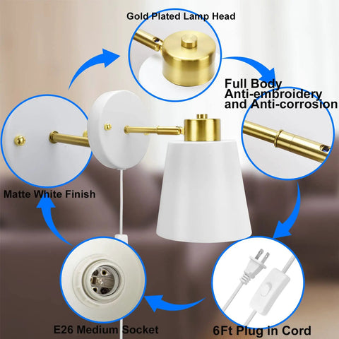 Rotatable Plug In Wall Sconces With Adjustable Angle White Matte Shade Metal Vintage Industrial for Bedroom and Office