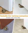 Cast Iron Bird Door Stopper Set 2 Heavy Duty No Drill Floor Door Stops with Handle Antique Bronze Finish shown under doors