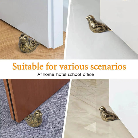 Cast Iron Bird Door Stopper Set 2 Heavy Duty No Drill Floor Door Stops with Handle Antique Bronze Finish shown under doors