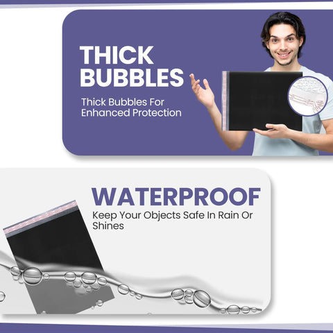 Man showcasing Black Poly Bubble Mailers 14.50x20 Inch Self Seal Large Padded Envelopes, emphasizing thick bubbles and waterproof feature.