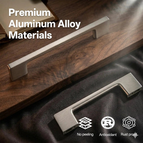 10 Pack Classic Cupboard Cabinet Handles for Kitchen Drawers, Modern Pulls in Brushed Nickel on wooden surface