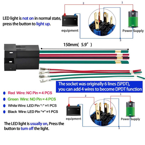 25mm UL Listed Momentary Push Button Switch wiring diagram showing LED light connections and SPDT to DPDT conversion instructions.