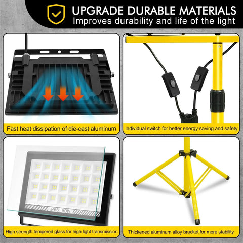 Material details of Two-Head LED Work Light With Adjustable Foldable Tripod Stand for durability and functionality.
