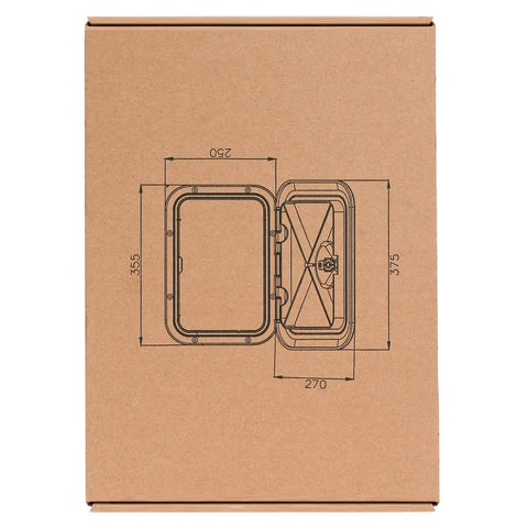 Rugged Abs Marine Deck Access Hatch 14 Inch Rectangle Boat Lid dimensions and design illustration on packaging box.