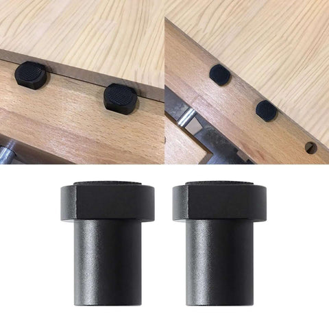 Beefy Pro Grade Bench Dogs for 19mm or 20mm dog holes, aluminum alloy clamps, black, shown in use and closeup.