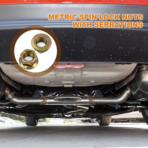 Thirty Piece Heavy Duty Exhaust Serrated Spin Hex Lock Nuts M10x1.25 shown under car with serrated spin lock nuts and exhaust pipe.