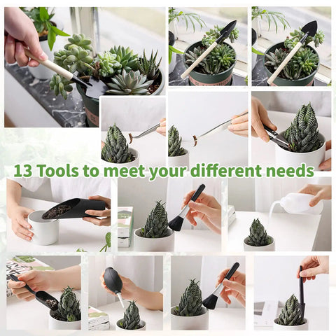 Foldable Plant Repotting Mat With 13 Piece Mini Garden Tools And 30 Pot Hole Mesh Pads for Indoor Miniature Fairy Garden Plant Care