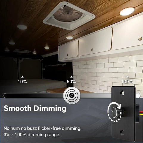 Smooth Operator 12V Rotary Light Dimmer Switch For Rv Camper Van Boat Trailer Featuring Heavy Duty Aluminum PWM Controller With Built In Off Switch Providing Smooth As Butter Brightness Tuning showcased in a dimly lit cabin.