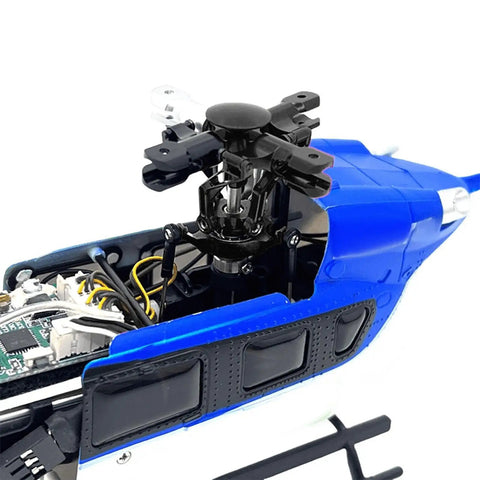 Aluminum RC Rotor Head With Screws Replacement Kit For Helicopters Plug And Play Easy To Install Durable Spare Part, attached to blue helicopter.