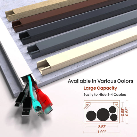 Paintable White Wall Cord Hide Kit For TV Cables, 157-Inch Raceway System with adhesive channel in various colors, diagram showing cable capacity.