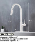 White Kitchen Faucet With Pull Down Magnetic Docking Sprayer, Modern Stainless Steel Deck Mount on display with dimensions.