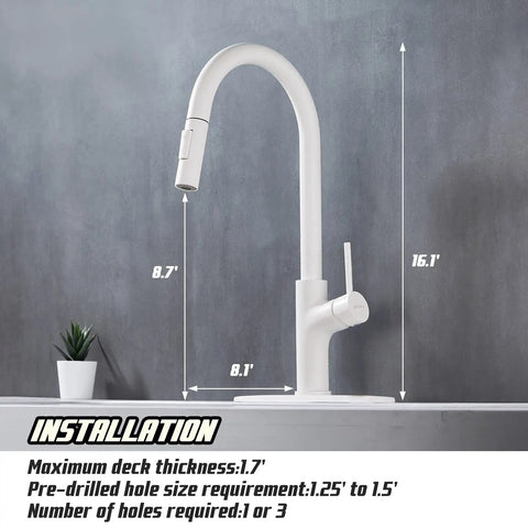 White Kitchen Faucet With Pull Down Magnetic Docking Sprayer, Modern Stainless Steel Deck Mount on display with dimensions.