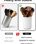Comparison of steel utensil holder versus Ceramic Utensil Holder With Cork Bottom For Countertop Go To Large 6.7 Inch Tall Utensil Crock