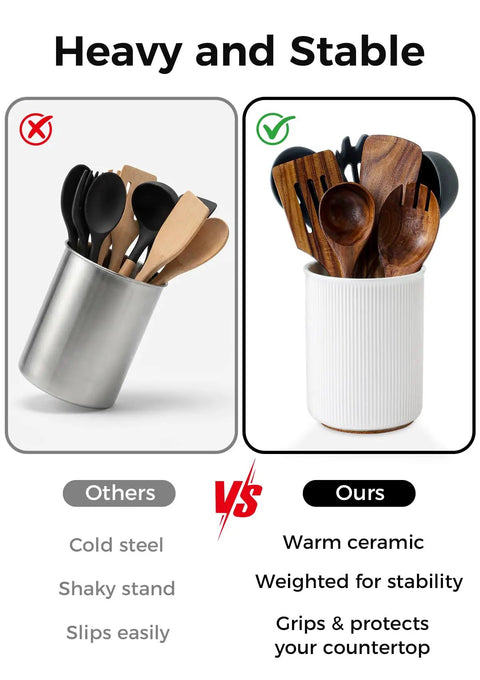 Comparison of steel utensil holder versus Ceramic Utensil Holder With Cork Bottom For Countertop Go To Large 6.7 Inch Tall Utensil Crock