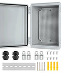 IP67 Waterproof Outdoor Electrical Junction Box With 8.7 By 6.7 By 4.3 Inch Dimensions, Beefy ABS Enclosure, Stainless Steel Latches, Wall Mount Brackets, Weatherproof, Shock Resistant For Exterior Electrical Projects, open with accessories