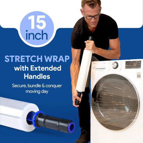 Man using 70 Gauge 15 Inch Plastic Stretch Film With Extended Handles 1000 Ft Clear for moving furniture